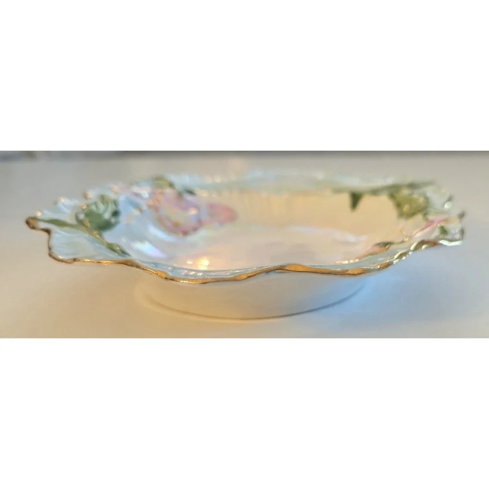 Vintage Floral Porcelain Relish Celery Dish Pink Lily Flowers Gold Gilt Accent